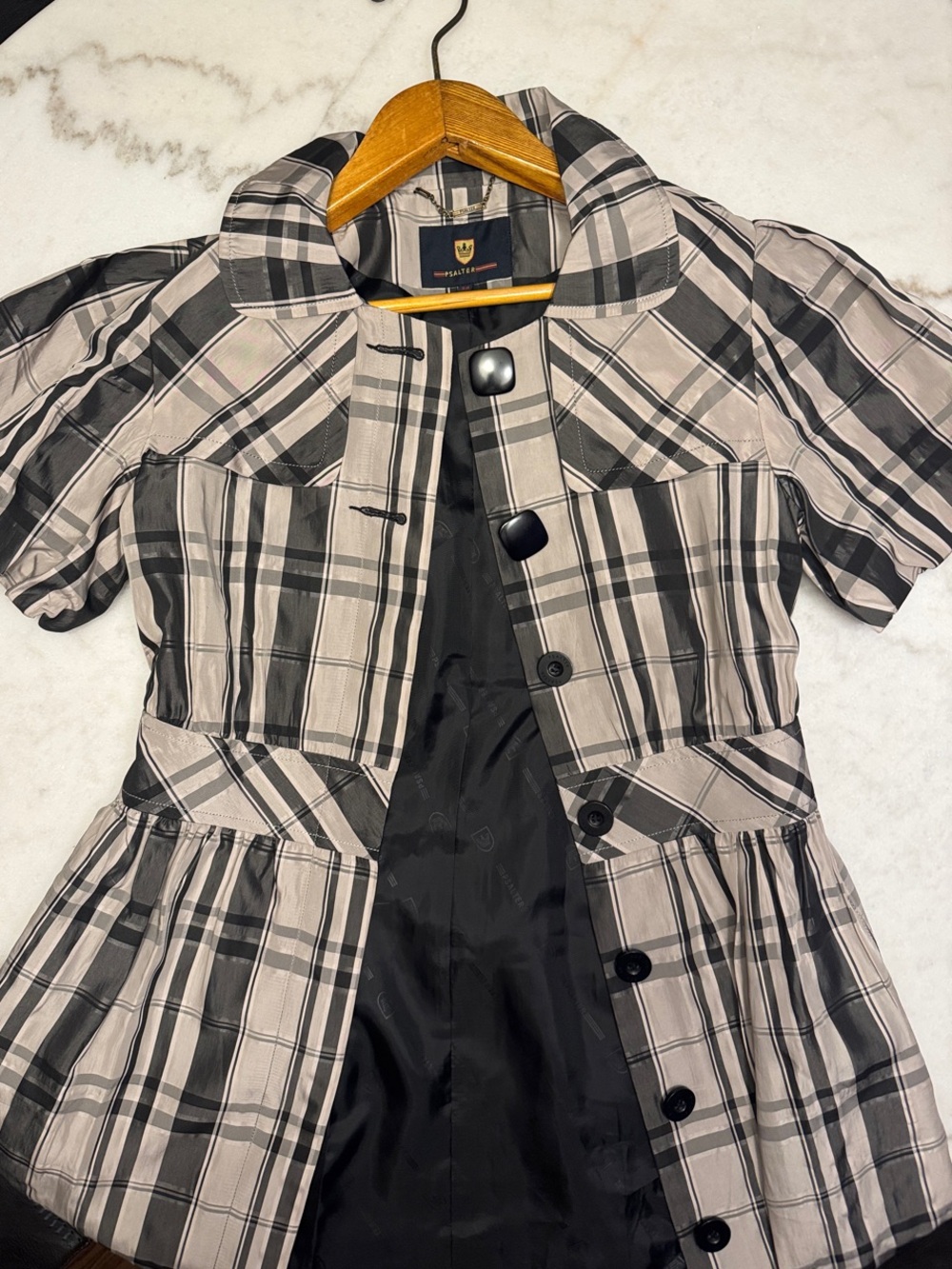 Psalter Plaid Short-Sleeve Trench Jacket in Black, Gray and Beige